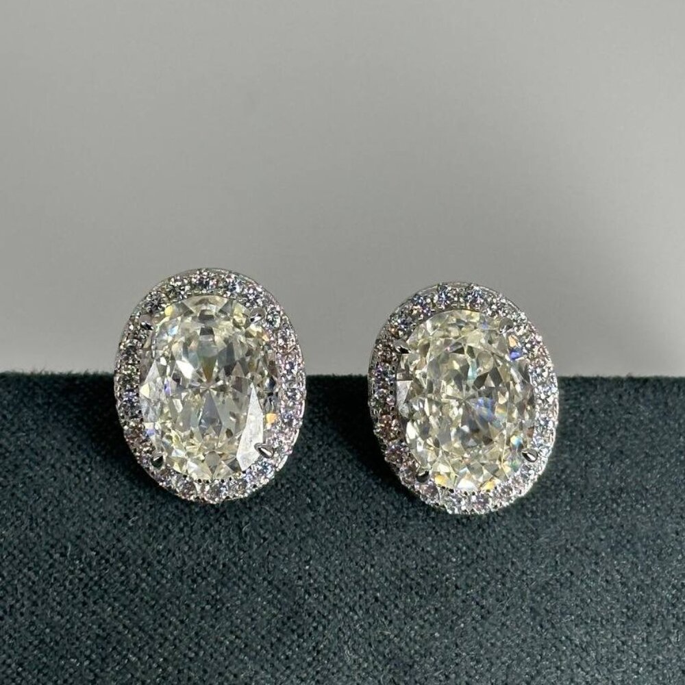 Sterling Silver and Cubic Zirconia Stud Earrings Oval Halo Earrings